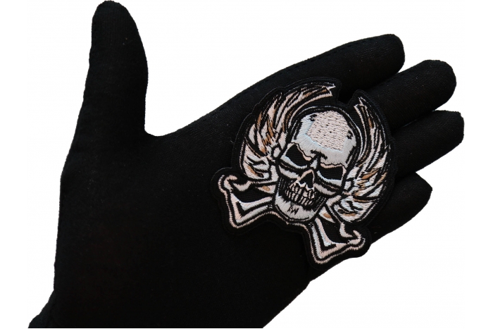 Metal Skull Patch, Biker Skull Patches shown on hand for size comparison