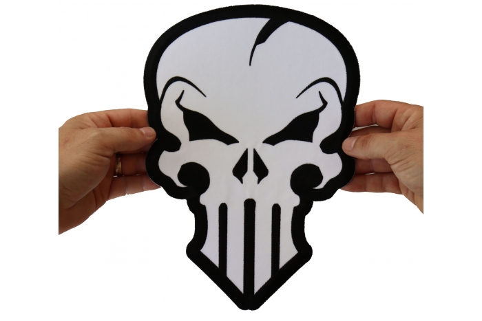 Punisher Skull Patch, Large Skull Patches for Back of Jackets shown on hand for size comparison