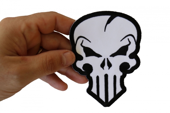 Punisher Skull Patch, Biker Skull Patches shown on hand for size comparison