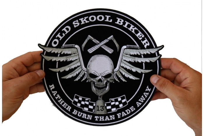 Old Skool Biker Skull Rather Burn Than Fade Away Patch, Large Skull Patches for Biker Jackets shown on hand for size comparison