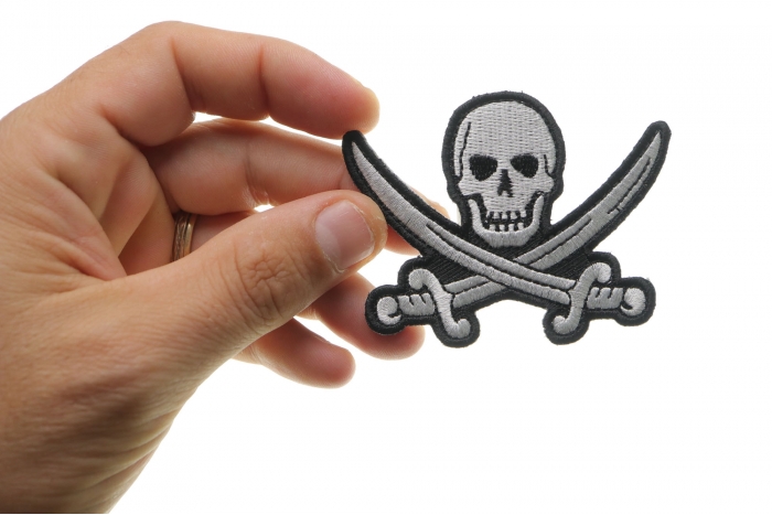 Pirate Sword Skull Patch, Skull Patches shown on hand for size comparison