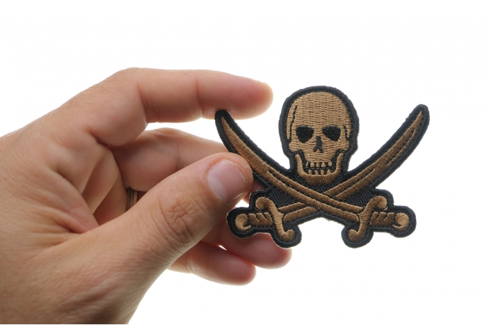 Pirate Sword Skull Patch, Skull Patches shown on hand for size comparison