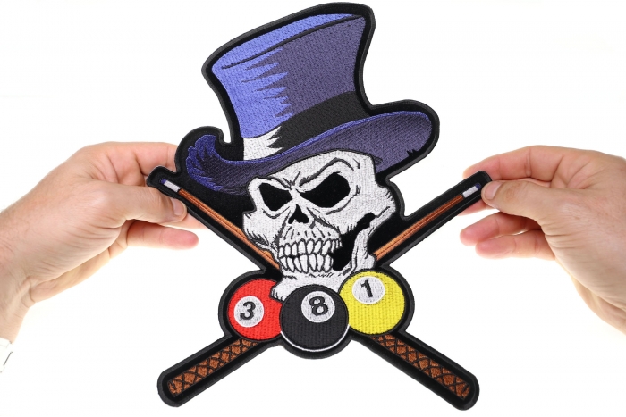Tall Hat Skull Billard Patch, Large Skull Patches for Biker Jackets shown on hand for size comparison