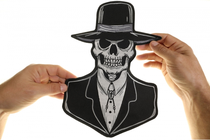 Preacher Skull Tall Hat Patch, Large Skull Patches for Biker Jackets shown on hand for size comparison