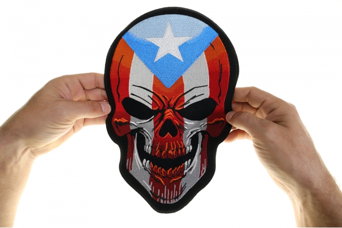 Puerto Rico Flag Skull Patch, Large Skull Patches for Back of Jackets shown on hand for size comparison
