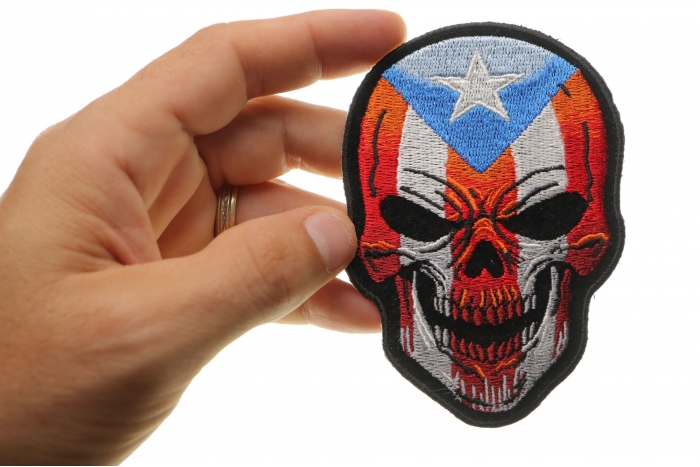 Puerto Rican Flag Skull Patch, Skull Patches shown on hand for size comparison