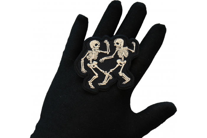 Rave Skeletons Dancing Patch, Skull Patches shown on hand for size comparison