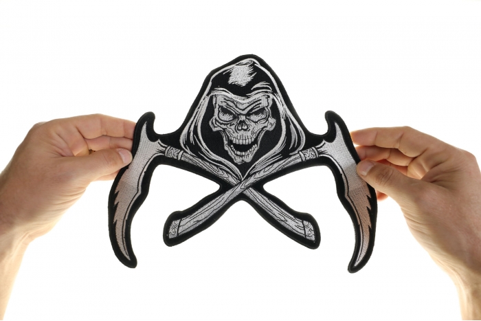 Reaper and Scythes Patch, Large Skull Patches for Biker Jackets shown on hand for size comparison