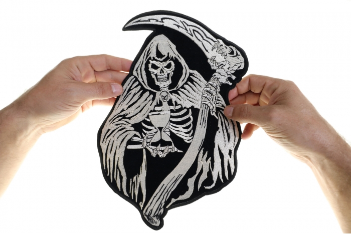 Sand Clock Reaper Patch, Large Skull Patches for Biker Jackets shown on hand for size comparison
