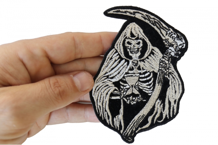 Reaper Skull Patch, Biker Skull Patches shown on hand for size comparison