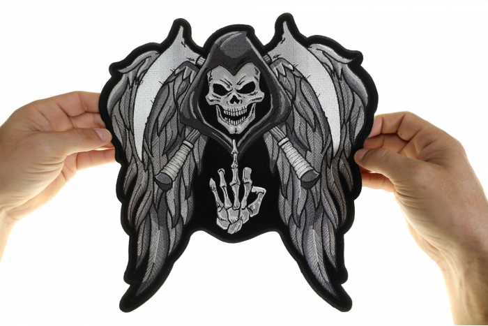 Skull Middle Finger Wings and Sickles Patch, Large Skull Patches for Biker Jackets shown on hand for size comparison