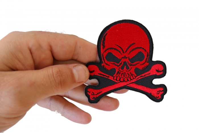 Red Skull and Crossbones Patch, Biker Skull Patches shown on hand for size comparison