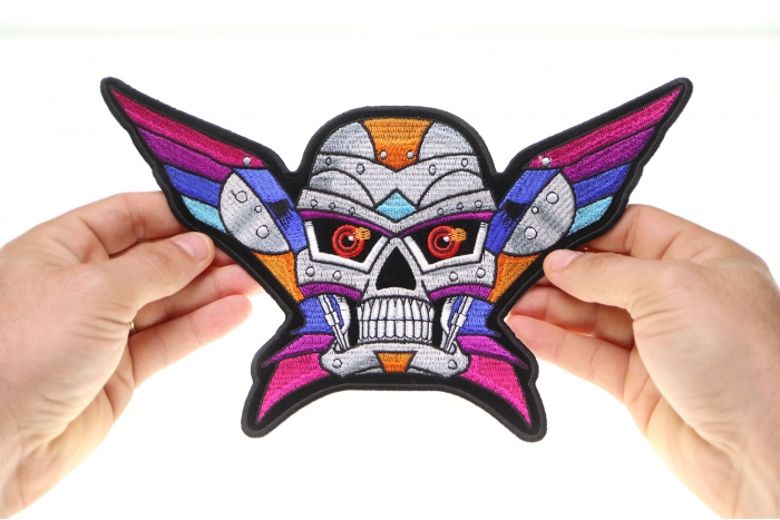 Robotic Skull Patch, Large Skull Patches for Back of Jackets shown on hand for size comparison