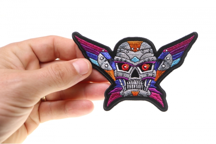 Robot Skull Patch, Skull Patches shown on hand for size comparison
