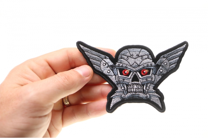 Robot Skull Patch, Skull Patches shown on hand for size comparison