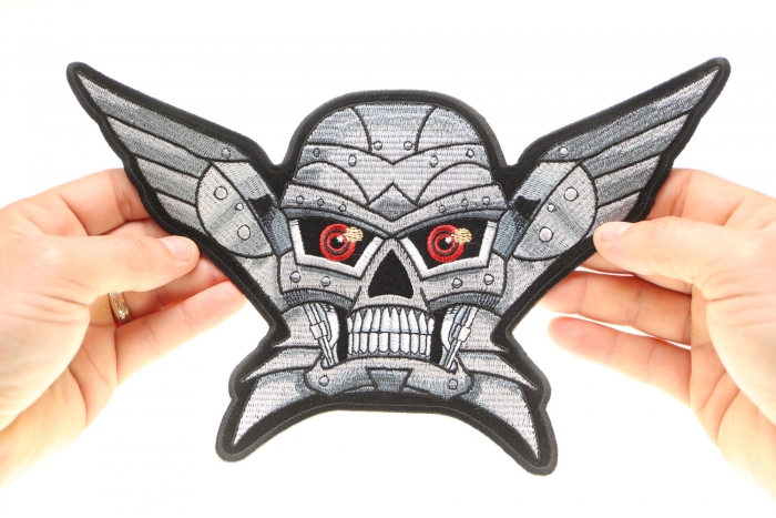 Robot Skull Patch, Large Skull Patches for Back of Jackets shown on hand for size comparison