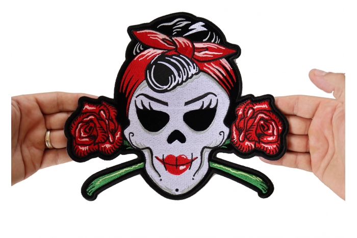 Girly Skull and Roses Patch, Large Skull Patches for Back of Jackets shown on hand for size comparison