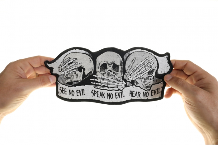 See No Evil Speak No Evil Hear No Evil Skull Patch, Large Skull Patches for Biker Jackets shown on hand for size comparison