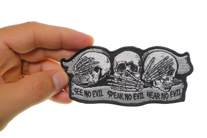 See No Evil Speak No Evil Hear No Evil Skull Patch, Biker Skull Patches shown on hand for size comparison