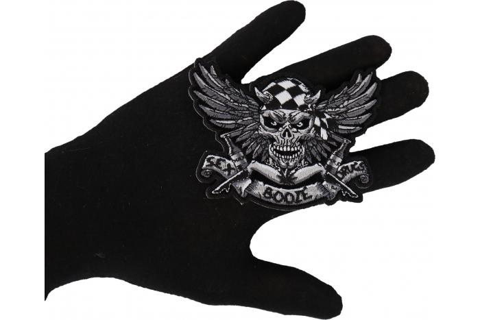Winged Skull Sex Booze and Drugs Patch, Biker Skull Patches shown on hand for size comparison