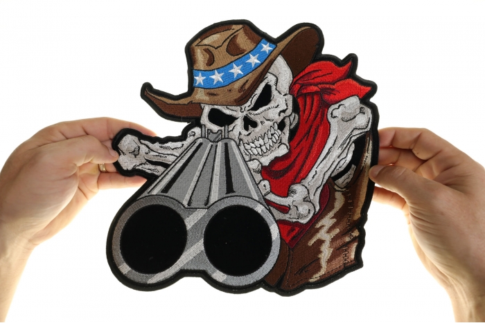 Cowboy Hat Skull and Shotgun Patch, Large Skull Patches for Biker Jackets shown on hand for size comparison