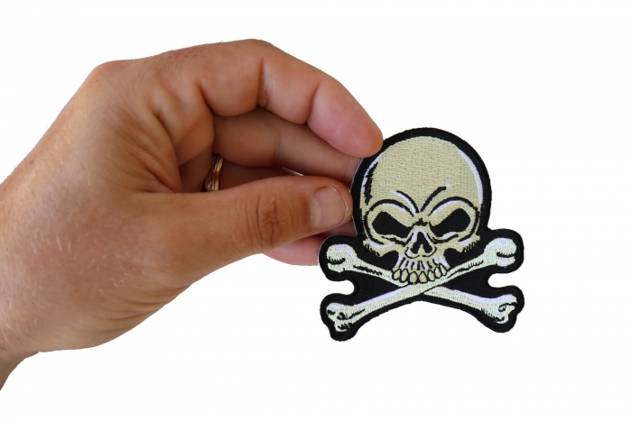 Skull and Cross Bones Patch, Biker Skull Patches shown on hand for size comparison