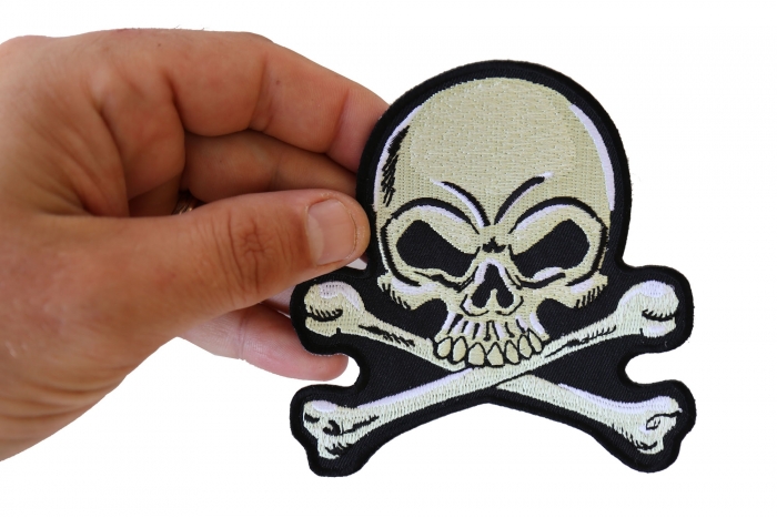 Skull and Crossbones Patch, Biker Skull Patches shown on hand for size comparison