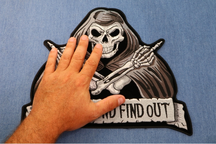 Skull Reaper Fuck Around Find Out Patch, Large Skull Patches for Biker Jackets shown on hand for size comparison
