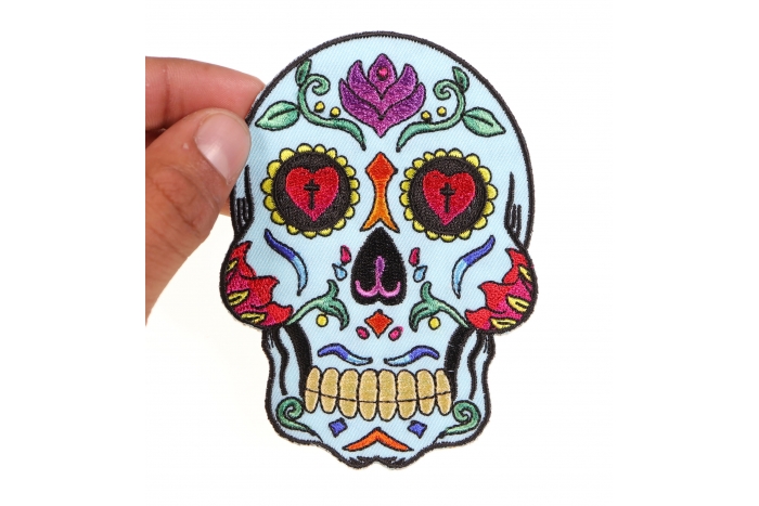 Sugar Skull Patch, Skull Patches shown on hand for size comparison