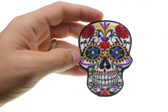 Sugar Skull Patch, Skull Patches shown on hand for size comparison