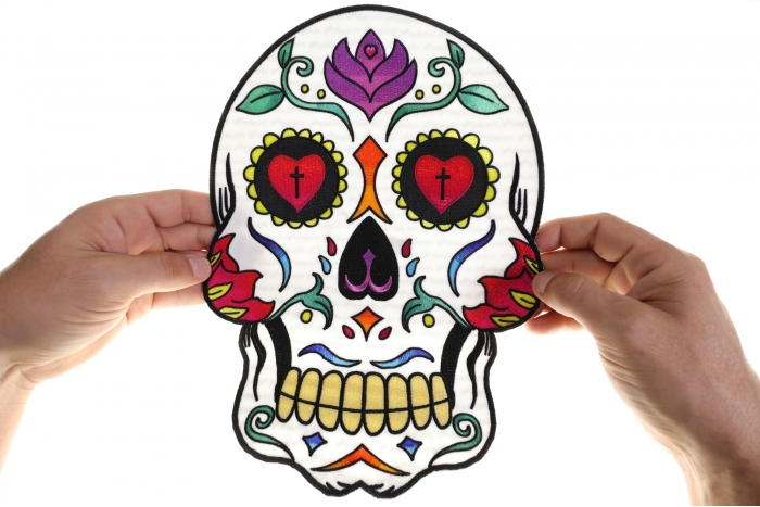 Sugar Skull Patch, Large Skull Patches for Back of Jackets shown on hand for size comparison