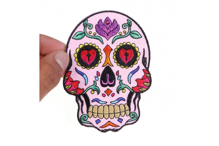 Sugar Skull Patch, Skull Patches shown on hand for size comparison