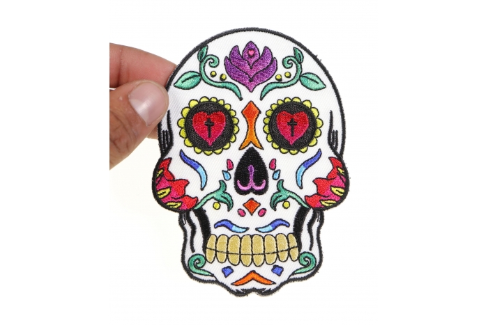 Sugar Skull Patch, Skull Patches shown on hand for size comparison