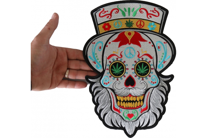 Bearded Sugar Skull Patch, Large Skull Patches for Back of Jackets shown on hand for size comparison