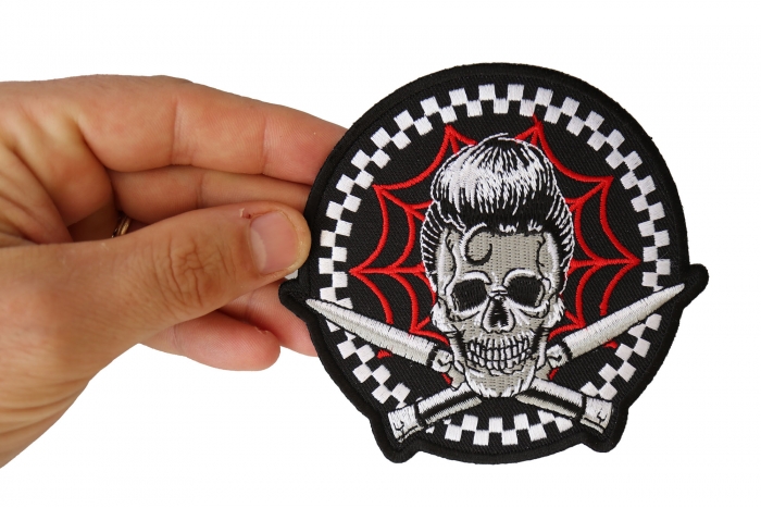 Elvis Hair Skull, Web and Switchblades Patch, Skull Patches shown on hand for size comparison