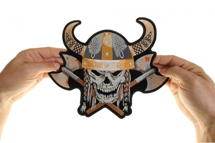 Viking Skull Patch, Large Skull Patches for Biker Jackets shown on hand for size comparison