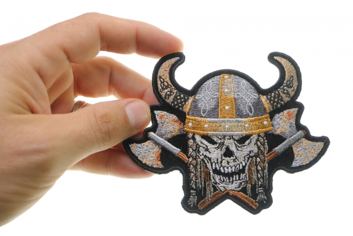 Viking Warrior Axes Skull Patch, Skull Patches shown on hand for size comparison