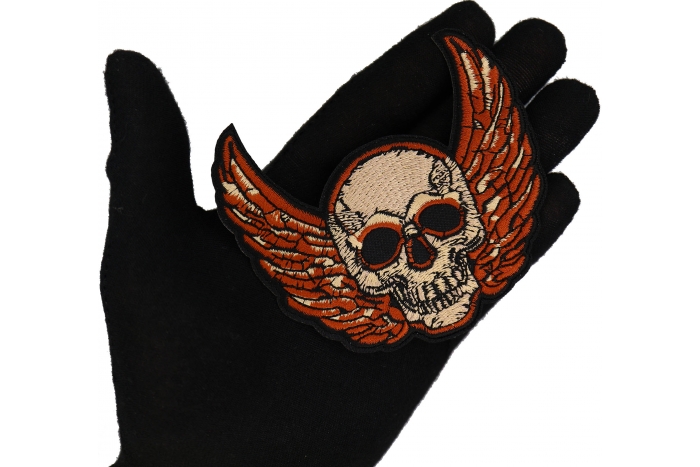 Winged Skull Patch, Biker Skull Patches shown on hand for size comparison