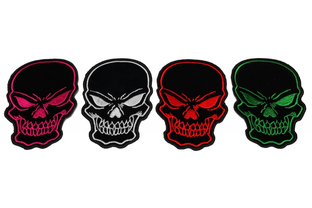 Black Skulls with Red White Green and Pink Embroidery set of 4 Patches