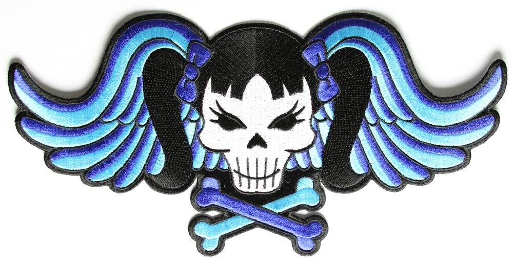 Blue Skull and Wings Embroidered Iron on Patch