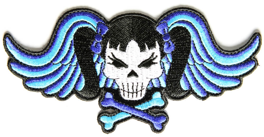 Pigtails Bow Skull and Wings Small Blue Patch
