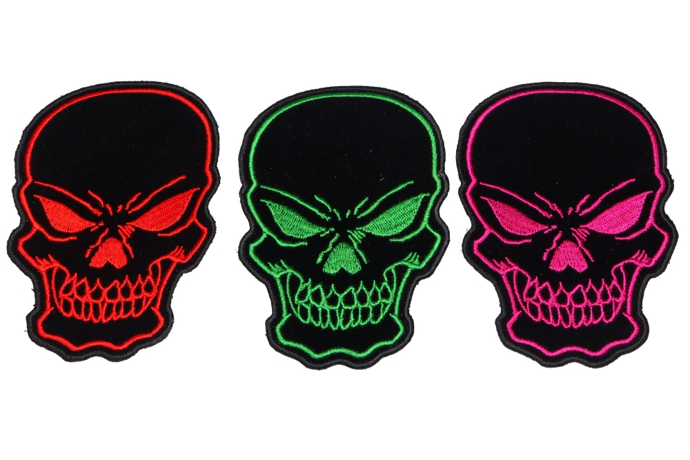 Colorful Black Skulls with Pink Green and Red Embroidery set of 3 Patches