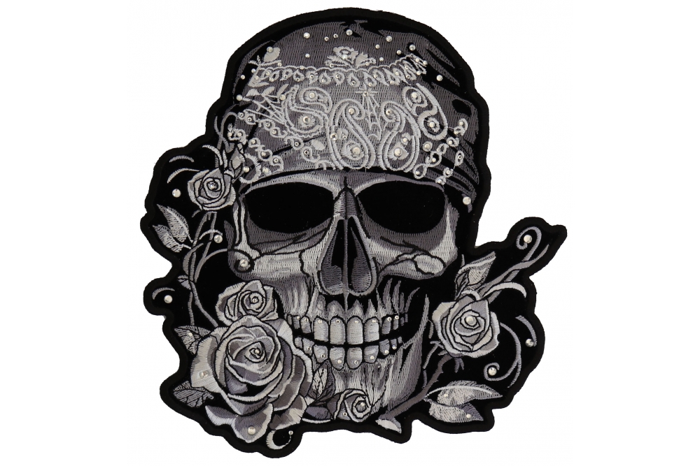 Gray Bandana Skull Patch With Roses and Rhinestones