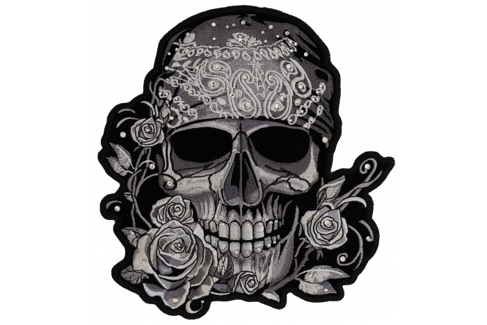 Gray Bandana Skull Patch With Roses and Rhinestones Gray Bandana Skull Patch With Roses and Rhinestones