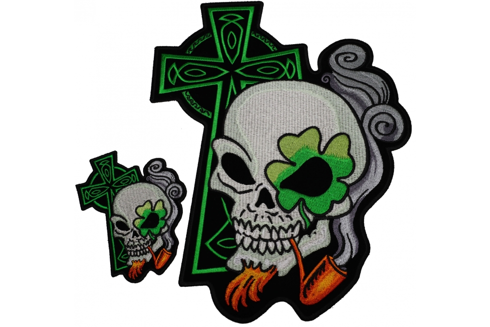 Irish Skulls With Green Cross Small and Large Patch Set