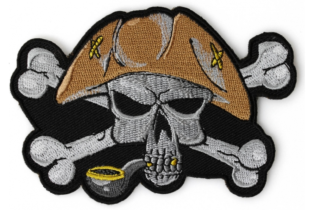 Pipe Smoking Skull with Hat Iron on Patch