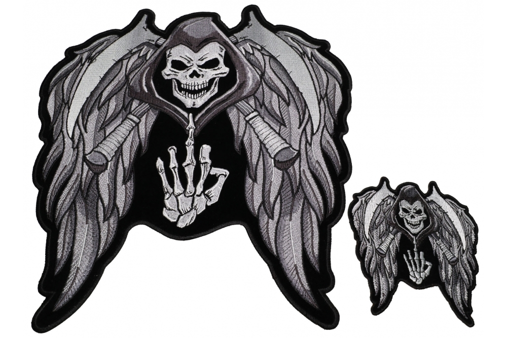 Reaper Skull With Sickle and Wings Small and Large Biker Patch Set