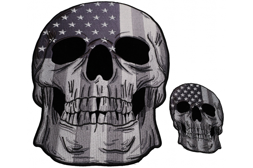 Set of 2, 1 Small and 1 Large American Flag Skull Grayscale Patches