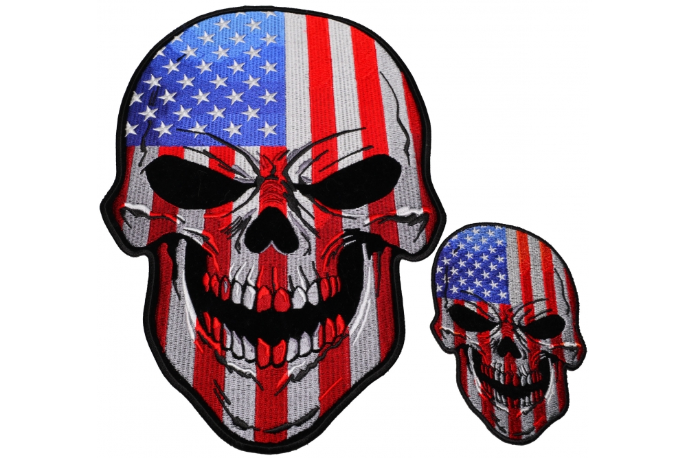 Set of 2 Small and Large American Flag Skull Patches