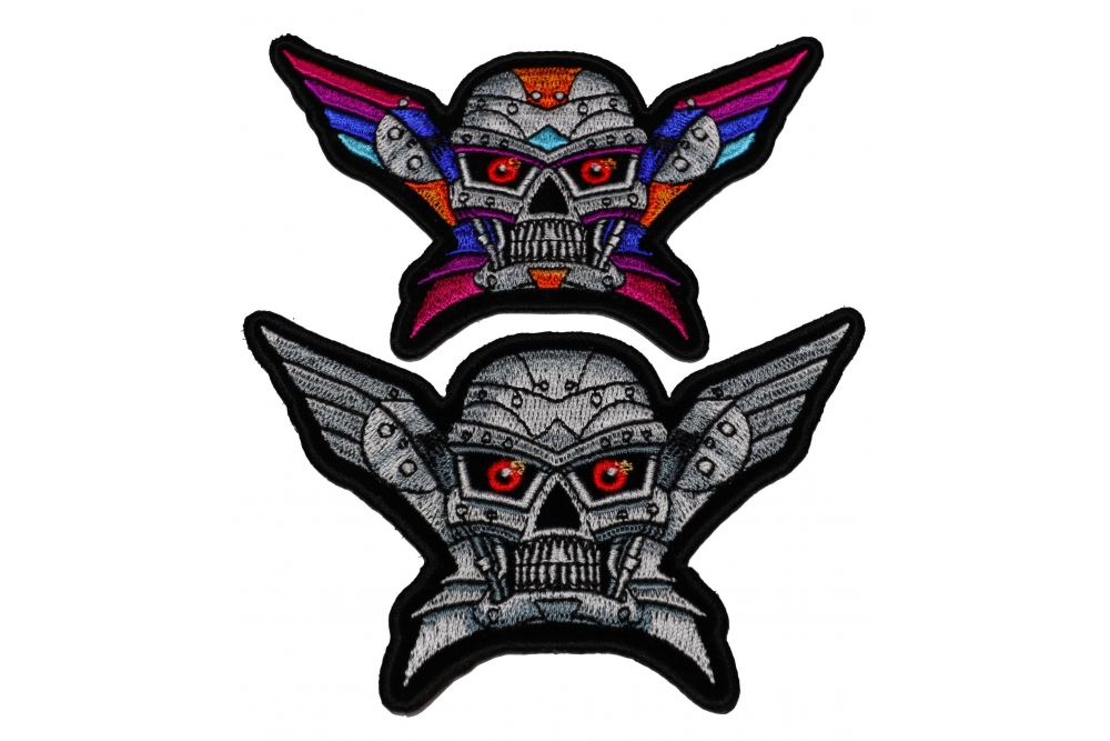 Set of 2 Small Robot Skull Patches Silver and Colorful